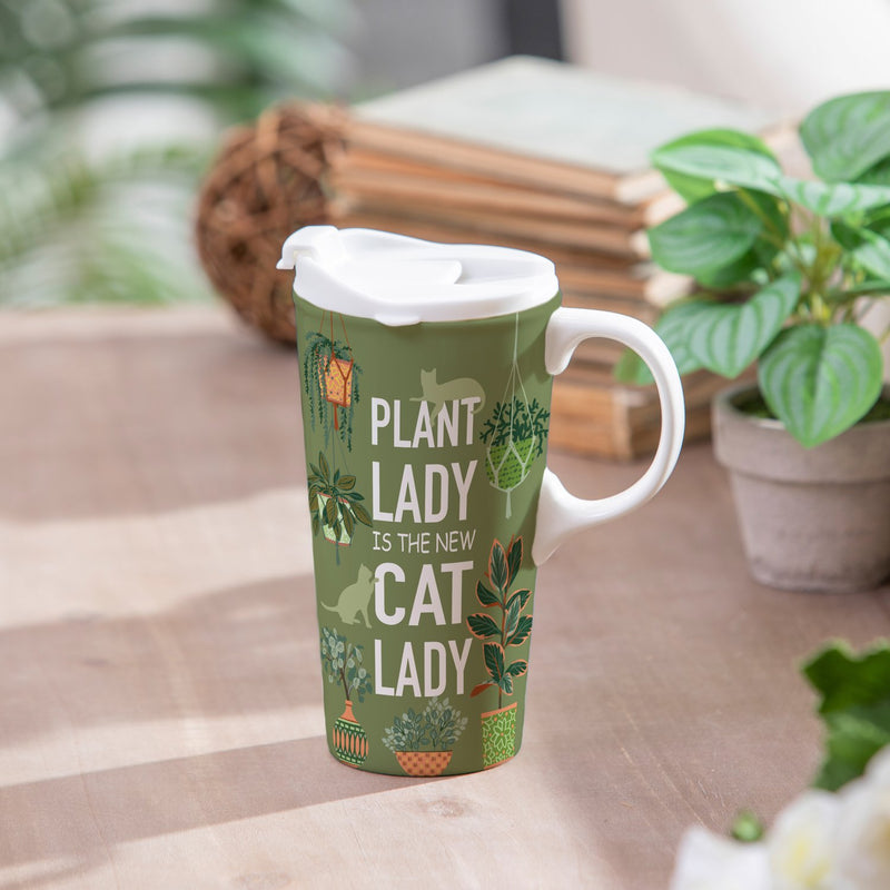 Ceramic Perfect Travel Cup, 17oz., w/ Gift Box, Plant Lady Is The New Cat Lady,3ctc100465