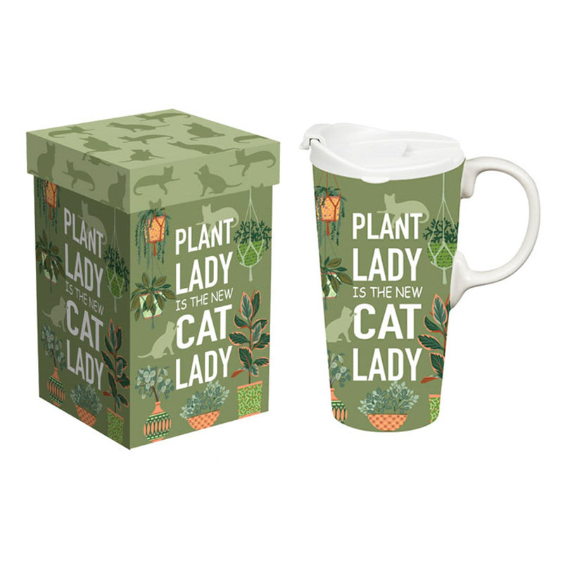 Ceramic Perfect Travel Cup, 17oz., w/ Gift Box, Plant Lady Is The New Cat Lady,3ctc100465