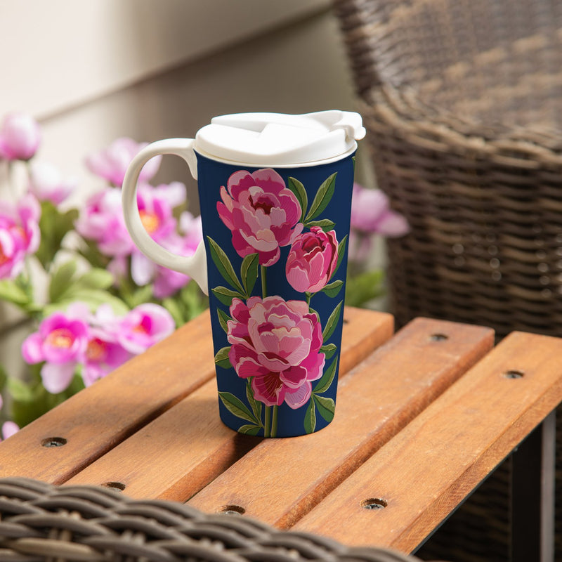 Ceramic Perfect Travel Cup, 17oz., w/ Gift Box, Peonies,3ctc100467