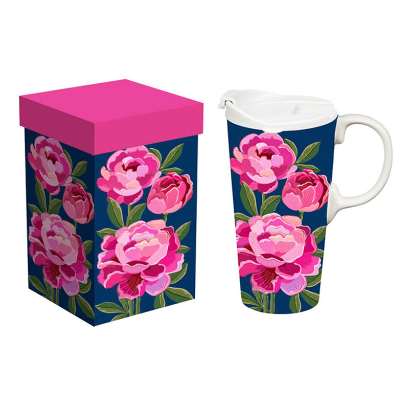 Ceramic Perfect Travel Cup, 17oz., w/ Gift Box, Peonies,3ctc100467