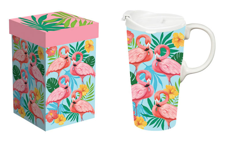 Ceramic Perfect Travel Cup, 17oz, w/ Gift Box, Flamingo Jungle,3ctc10134