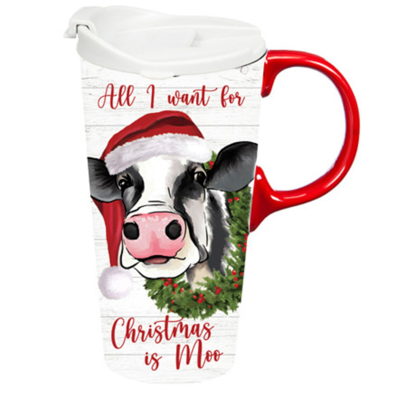 Ceramic Perfect Travel Cup, 17oz, w/ Gift Box, All I Want For Christmas Is Moo,3ctc10143