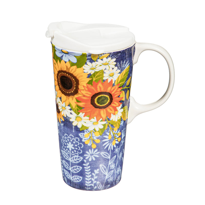 Ceramic Travel Cup, 17 OZ., w/box, Sunflowers,3ctc109702