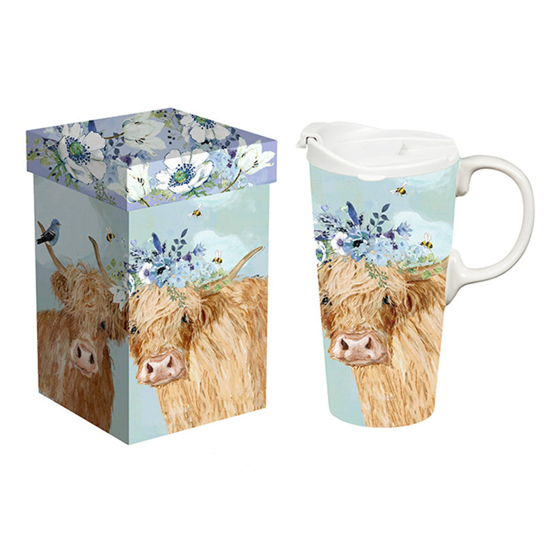 Ceramic Perfect Travel Cup, 17oz., w/ Gift Box, Brown Cows,3ctc109824