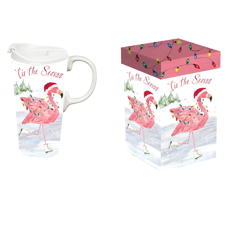 Ceramic Perfect Travel Cup, 17oz, w/ Gift Box, Ice Skating Flamingo,3ctc109898