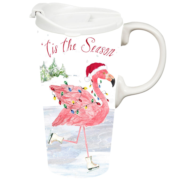 Ceramic Perfect Travel Cup, 17oz, w/ Gift Box, Ice Skating Flamingo,3ctc109898