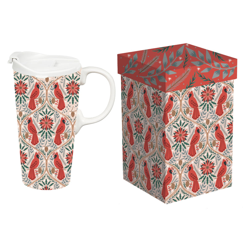 Ceramic Perfect Travel Cup, 17oz, w/ Gift Box, Folk Cardinal,3ctc109904