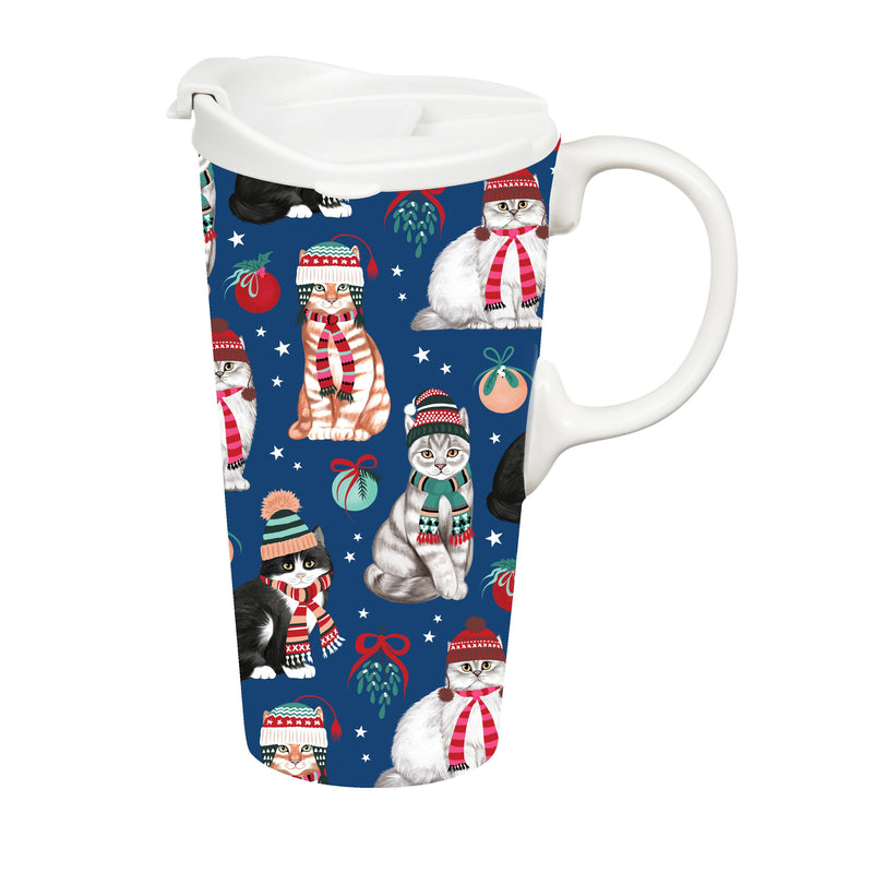 Ceramic Perfect Travel Cup, 17oz, w/ Gift Box, Winter Cats,3ctc109907