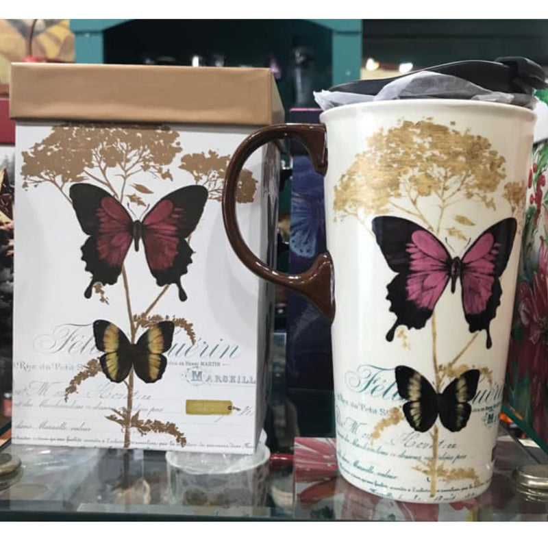 Ceramic Travel Cup, 17 oz., Butterfly,3ctc5648n