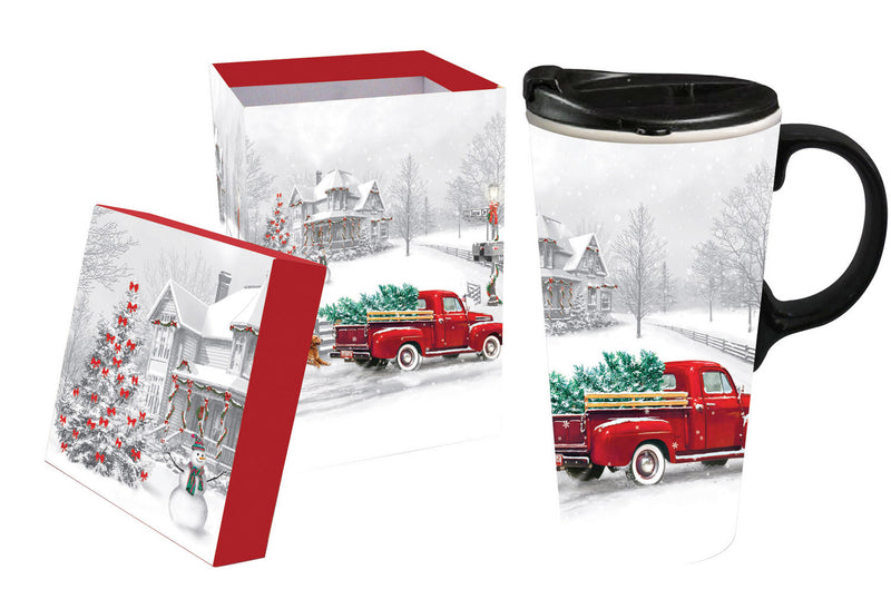 Evergreen Tabletop,Ceramic Travel Cup, 17 oz. w/Box, Winter Truck,5.24x6.5x3.55 Inches