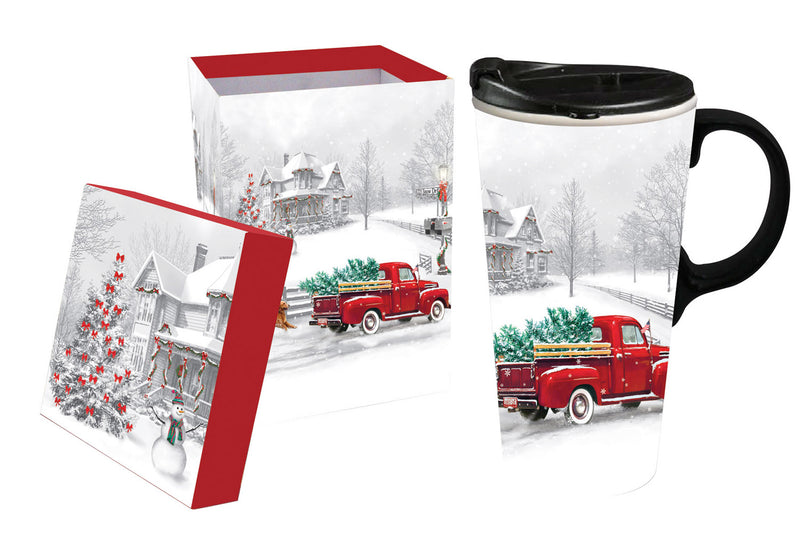 Evergreen Tabletop,Ceramic Travel Cup, 17 oz. w/Box, Winter Truck,5.24x6.5x3.55 Inches