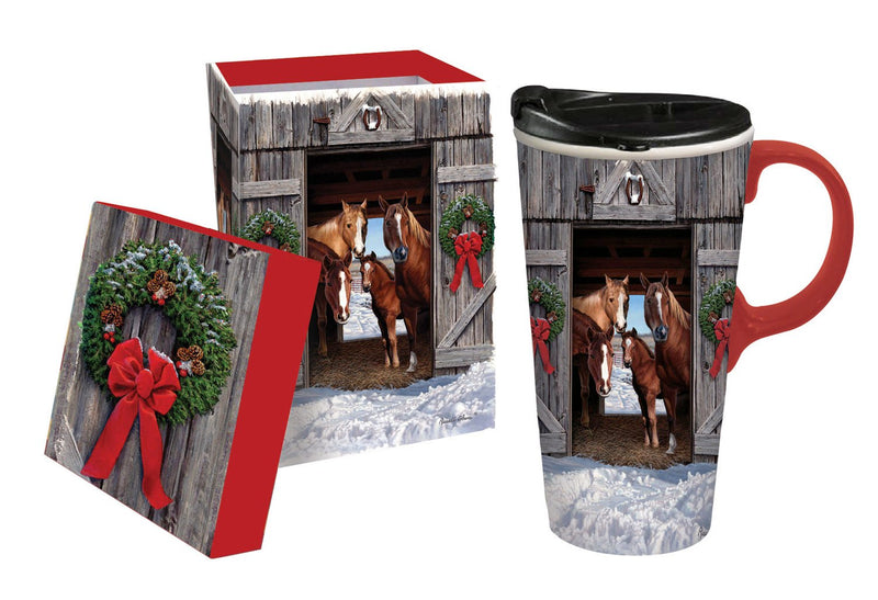 Ceramic Travel Cup w/ Silicone Paint Handle, 17 OZ. w/Box, Holiday Horses,3ctcs016623