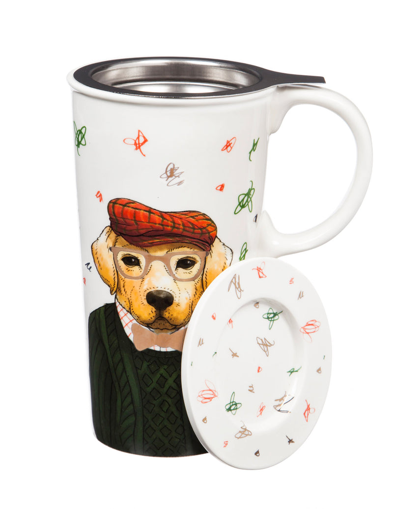 Evergreen Tabletop,Cermaic Travel Cup w/Infuser and lid, 17OZ., w/ metallic accents and box, Holiday Dog,5.63x4.09x4.41 Inches