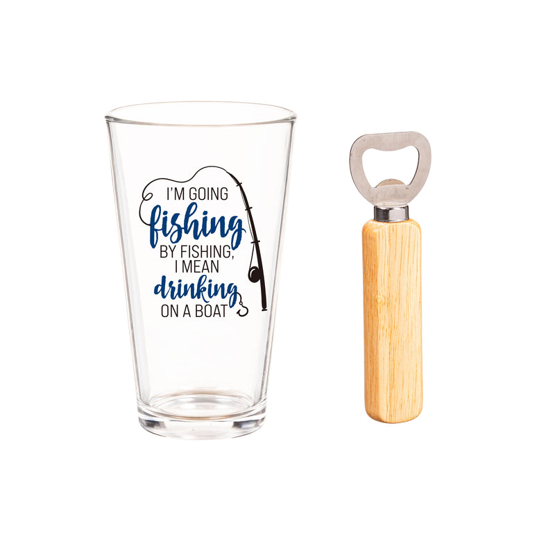 Evergreen Home Accents,Pint Glass and Bottle Opener w/ Gift Box, 15oz, I'm Going Fishing,3.42x3.42x5.75 Inches