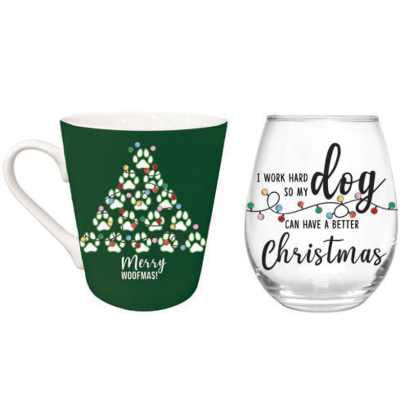 Flare Cup and Stemless Glass Giftset, Merry Woofmas,3dwg034