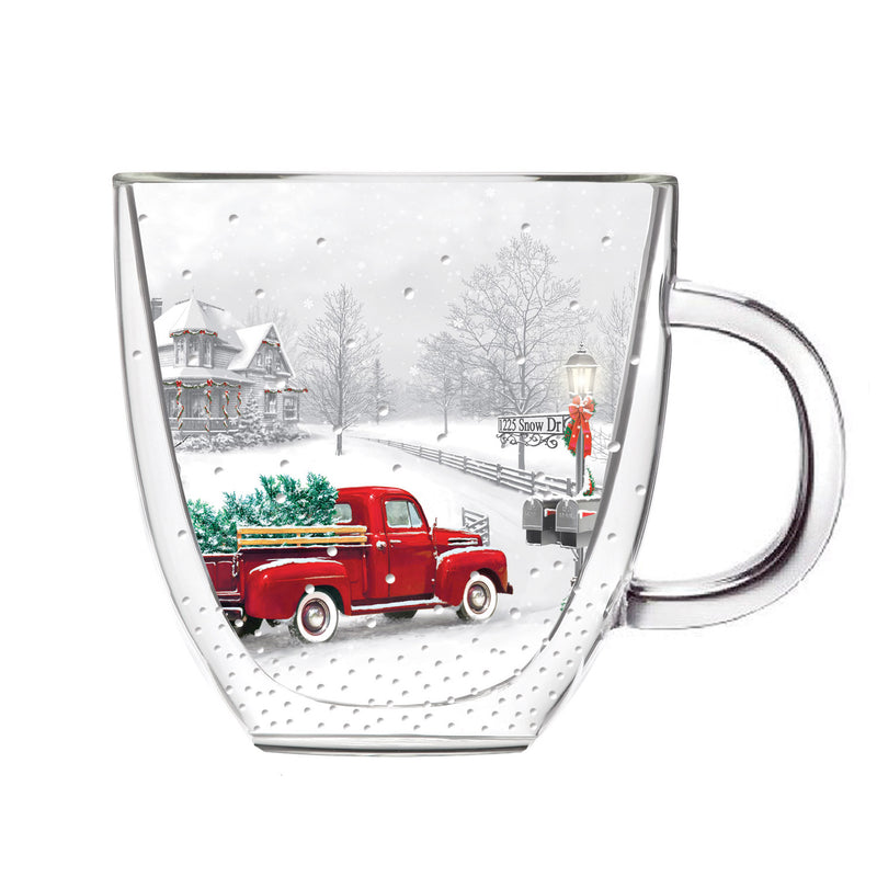 Double Wall Glass Cafe Cup, 12 oz., Winter Truck,3gcc6190