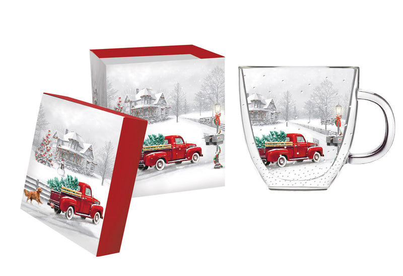 Double Wall Glass Cafe Cup, 12 oz., Winter Truck,3gcc6190