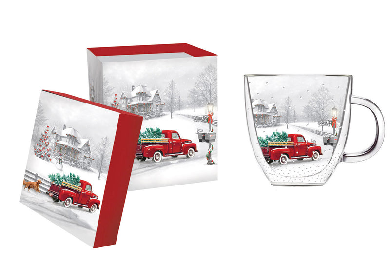 Evergreen Tabletop,Double Wall Glass Cafe Cup, 12 oz., Winter Truck,5x4.3x3.7 Inches