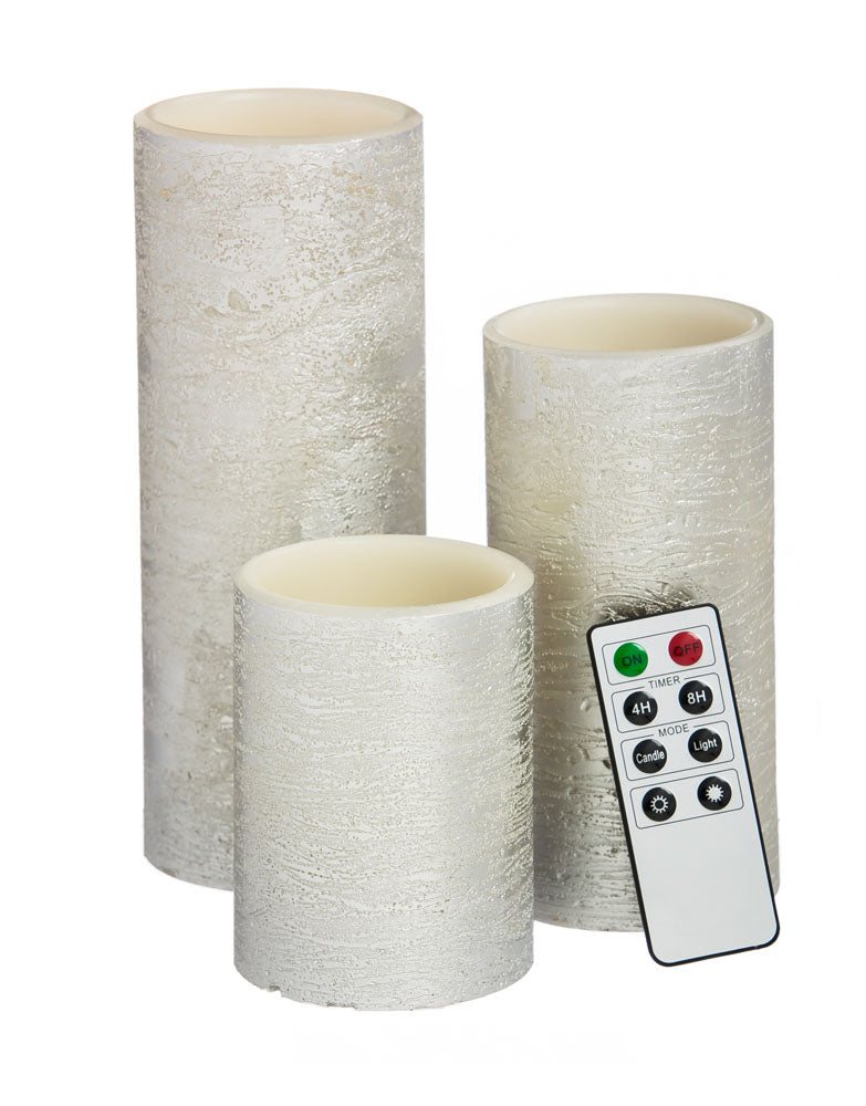 Silver Battery Operated Flameless LED Wax Pillar Candle w/ Remote, Set of 3,3led057