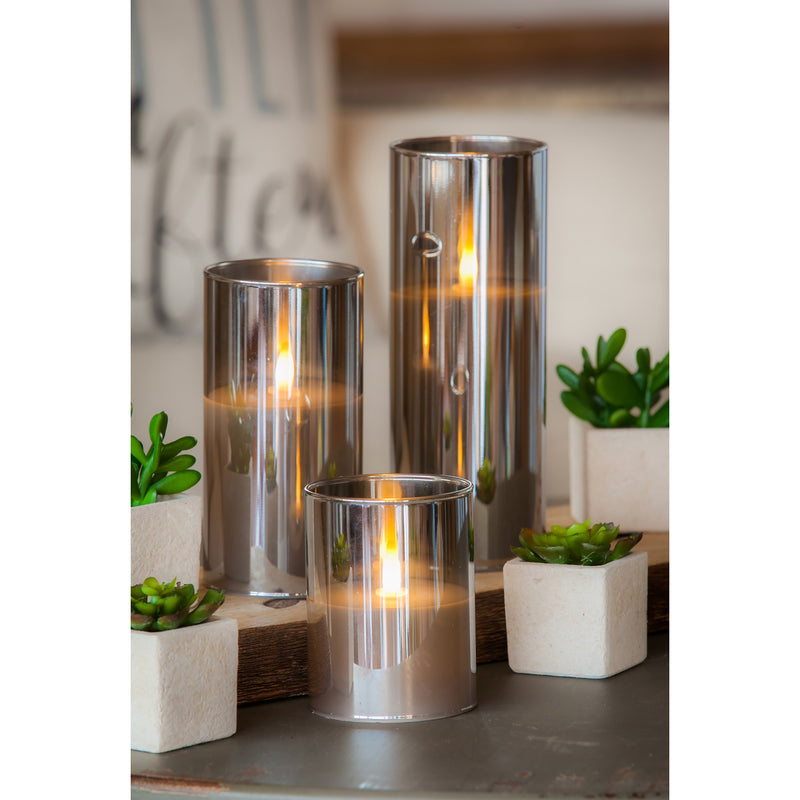 Smoke Glass Battery Operated Flameless LED Wax Pillar Candle, Set of 3,3led148