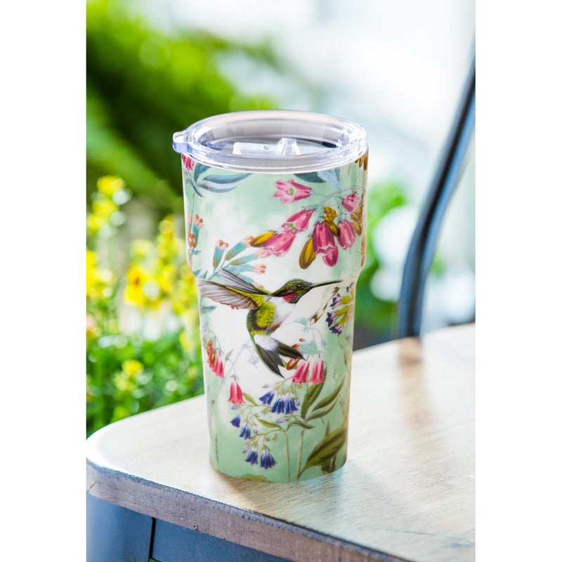 Evergreen Tabletop,Double Wall Ceramic Companion Cup with Tritan Lid, 13 OZ, Paradise Pond,3.5x3.5x6.25 Inches