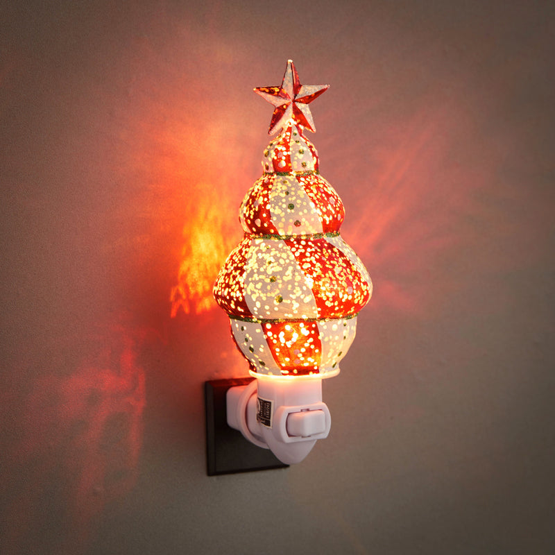 Evergreen Home Accents,Glass Red & White Striped Tree Night Light,3.54x2.76x6.89 Inches