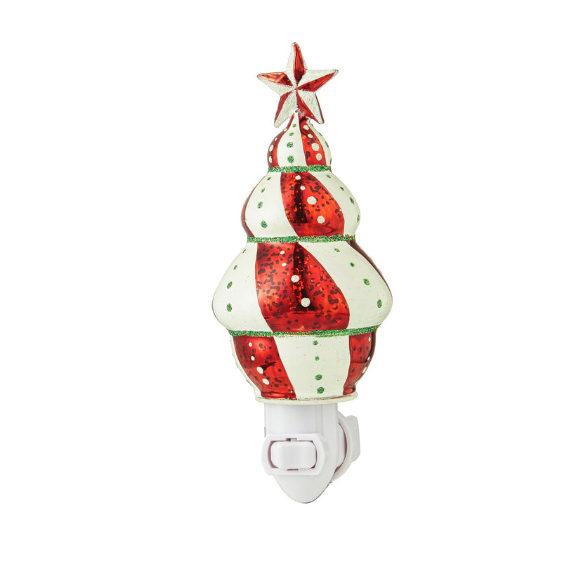 Evergreen Home Accents,Glass Red & White Striped Tree Night Light,3.54x2.76x6.89 Inches