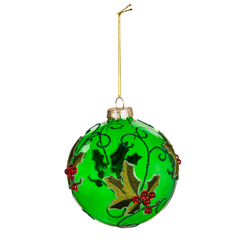 Colored Glass Round Holly Ornament,3otg444