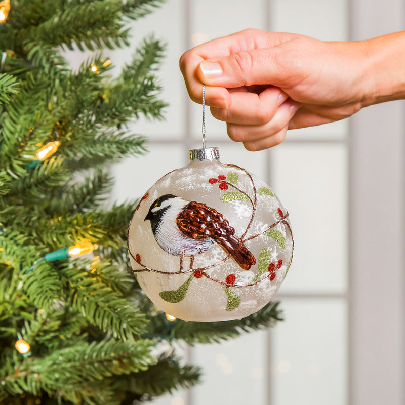 Evergreen Holiday Decorations,Cardinal and Chickadee Glass LED Ornament, 2 ASST,4x4x4 Inches