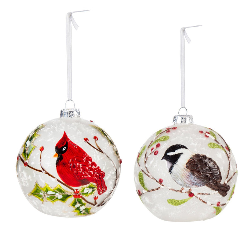 Evergreen Holiday Decorations,Cardinal and Chickadee Glass LED Ornament, 2 ASST,4x4x4 Inches