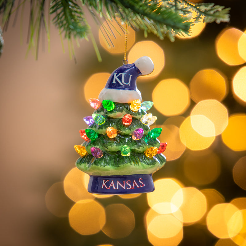 4" LED Ceramic Christmas Tree Ornament with Team Santa Hat, University of Kansas,3otl996to