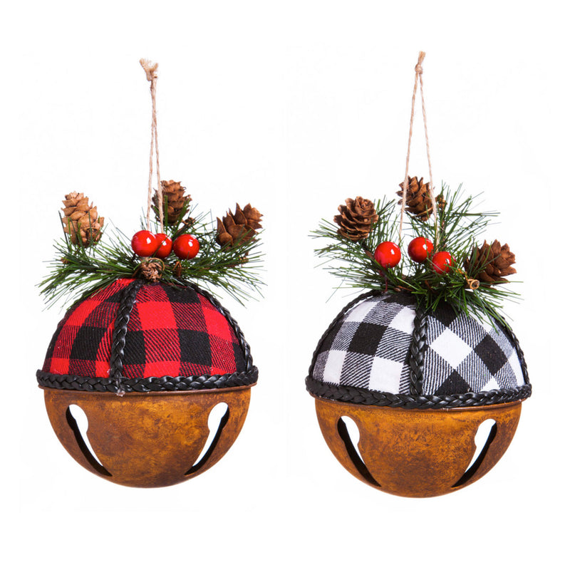 Metal Buffalo Plaid Bell Ornament, 2 ASST,3otm074