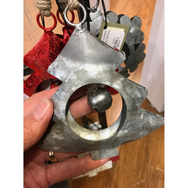Evergreen Holiday Decorations,Galvanized Metal Tree Ornament with Bell, Red/Gray, 2 Asst,4.5x0.75x5.25 Inches