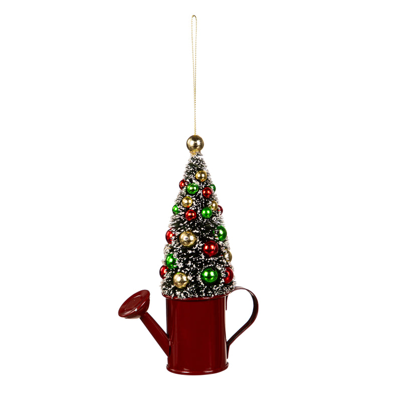 6" Metal Watering Can with Bottle Brush Tree Ornament,3otm417