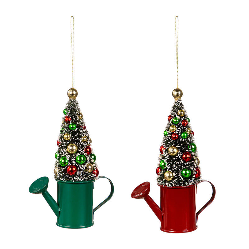 6" Metal Watering Can with Bottle Brush Tree Ornament,3otm417