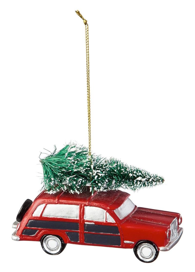 Red Polystone Truck and Station Wagon Ornament, 2 ASST,3otr096