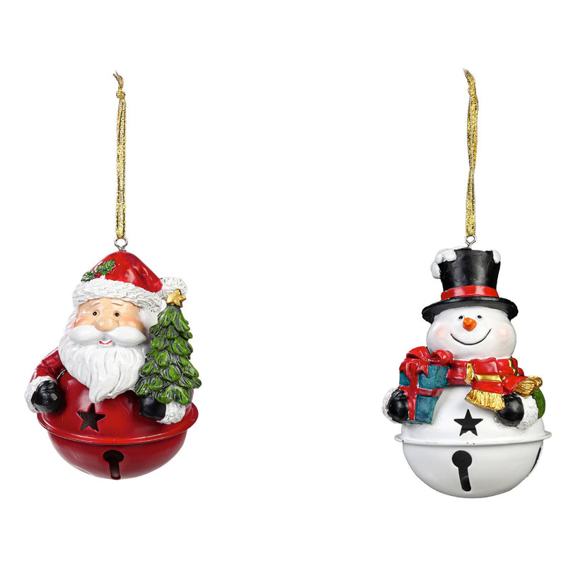 Polyresin Holiday Icons on Bells Ornament, 2 Asst: Santa/Snowman,3otr141