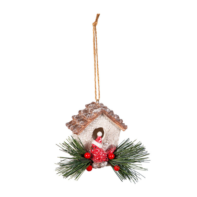 3.25" Resin Birdhouse with Cardinal and Artificial Ornament,3otr197