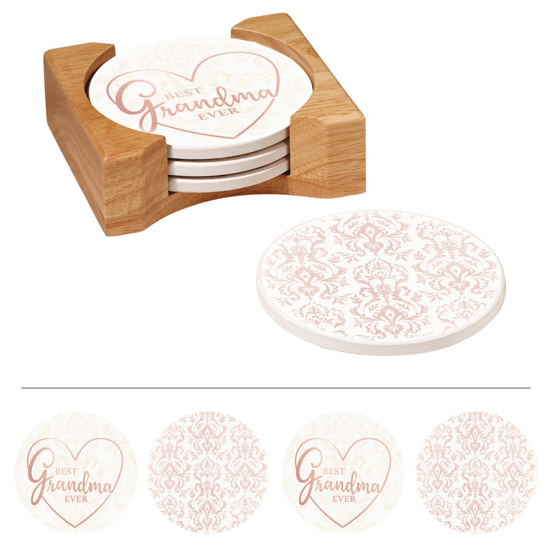 Round Coasters w/ Wood Caddy, Set of 4, Best Grandma Ever,3rc4845g