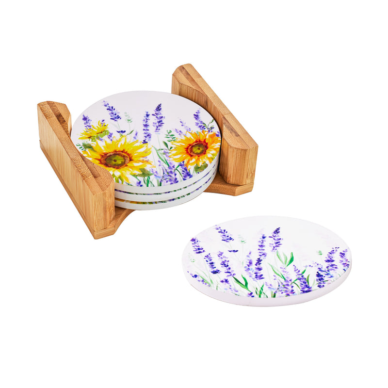 Round Coasters w/ Wood Caddy, Set of 4, Lavender Fields,3rc9862