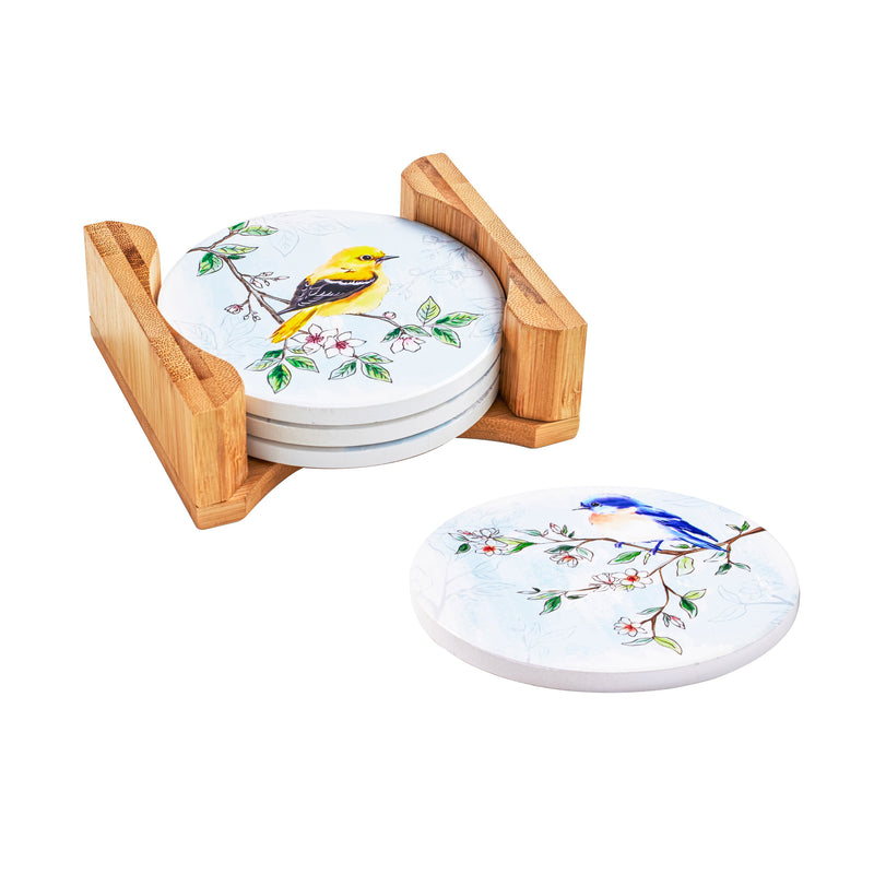 Round Coasters w/ Wood Caddy, Set of 4, Birds in Blooms,3rc9863