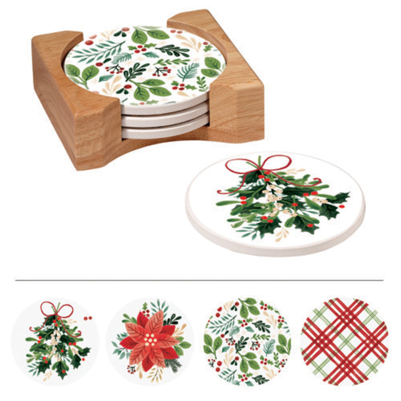 Round Coasters w/ Wood Caddy, Set of 4, Holiday Greenhouse,3rc9899