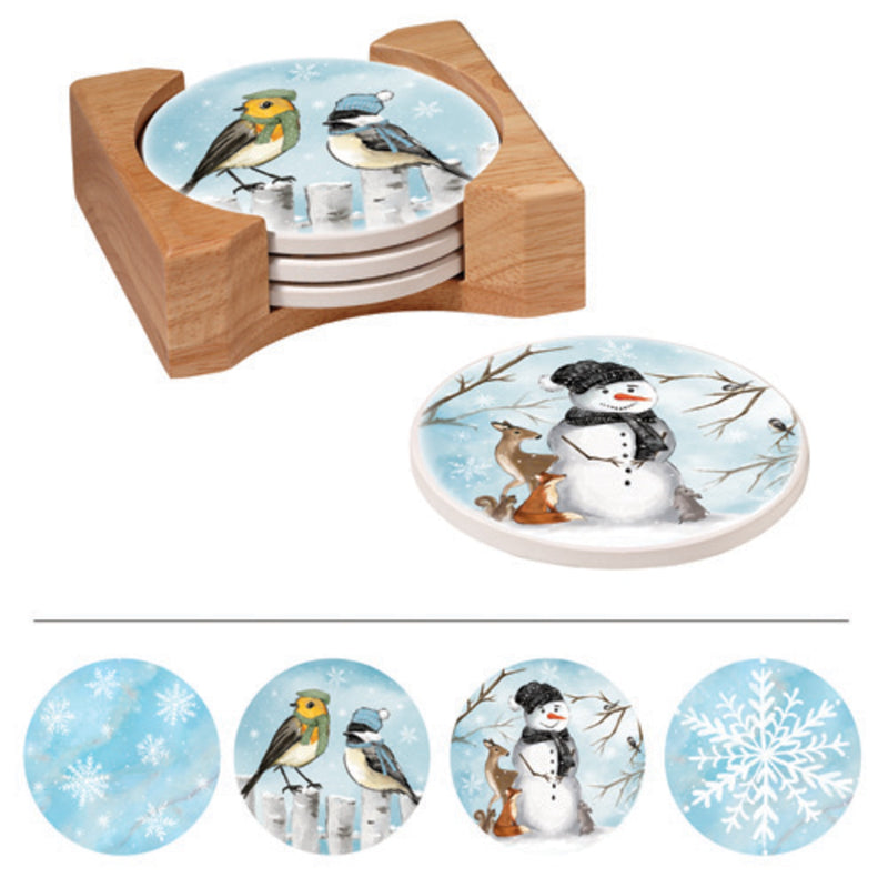 Round Coasters w/ Wood Caddy, Set of 4, Winter Frost,3rc9900