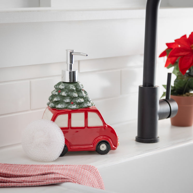 Ceramic Soap Dispenser with Scrubber Holder, Red Truck,3sdc005