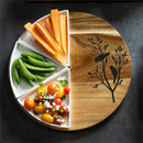 12" Wood Round Server with 3 Ceramic Dishes Set
