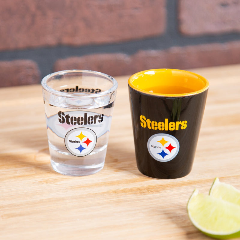 4-Piece Ceramic and Glass 2oz. Cup Set, Pittsburgh Steelers,3sg3824cgs