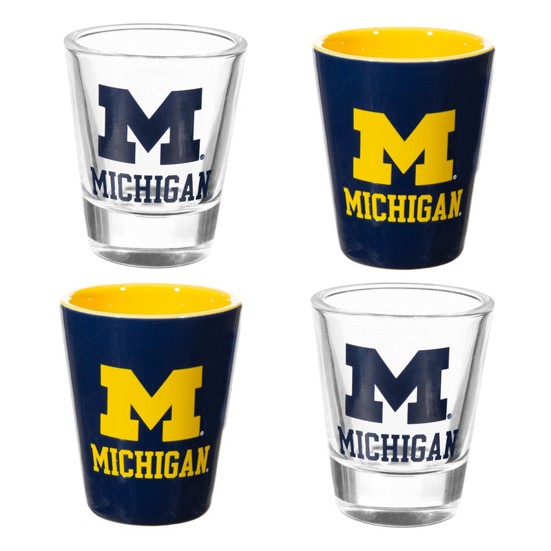 Evergreen Home Accents,4-Piece Ceramic and Glass 2oz. Cup Set, University Of Michigan,2.36x1.96x1.41 Inches