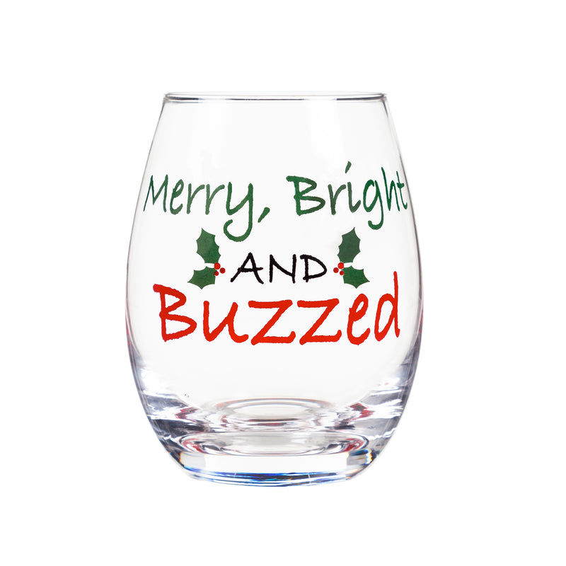 Stemless Wine Glass w/box, 17 OZ, Merry, Bright, and Buzzed,3sl216