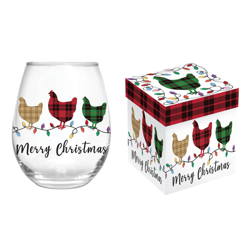 17oz Stemless Glass w/ Gift Box, Merry Christmas Chickens,3sl627