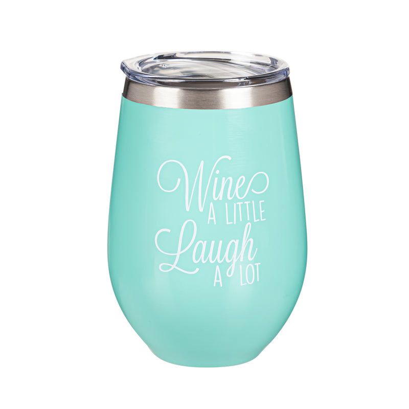 Double wall vacuum wine tumbler w/clear lid, 12 OZ,Wine a little, Laugh a lot,3sw015